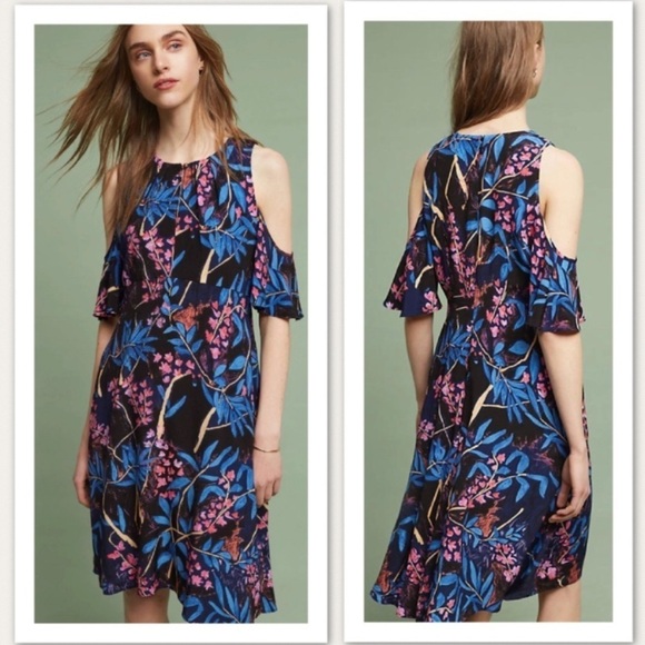 NWT Anthropologie Maeve Elia Cold Shoulder Dress Blue Tropical Floral Size 12 - Picture 14 of 14